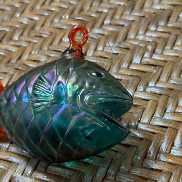 Hand Blown Glass Fish Ornament Blue Iridescent With Orange Tail - Picture 2 of 8